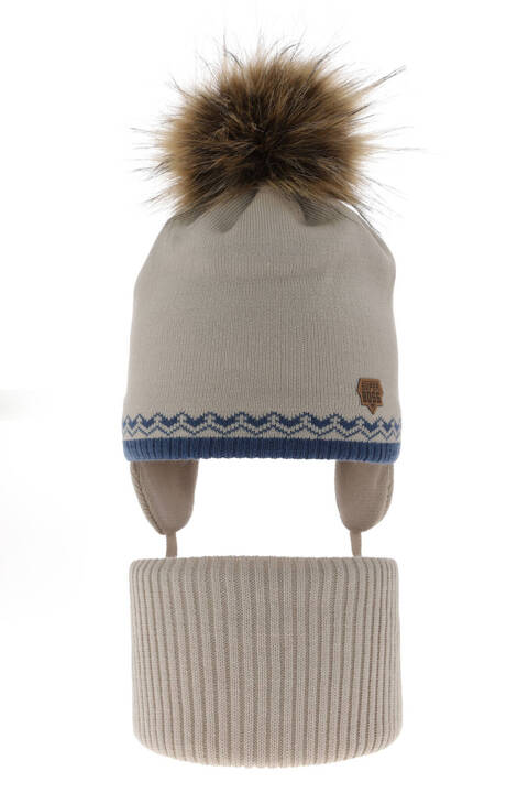 Boy's winter set: hat and tube scarf beige Elpis with pompom