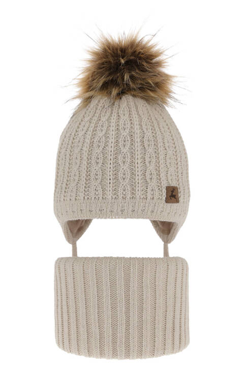 Boy's winter set: hat and tube scarf beige Pago with pompom