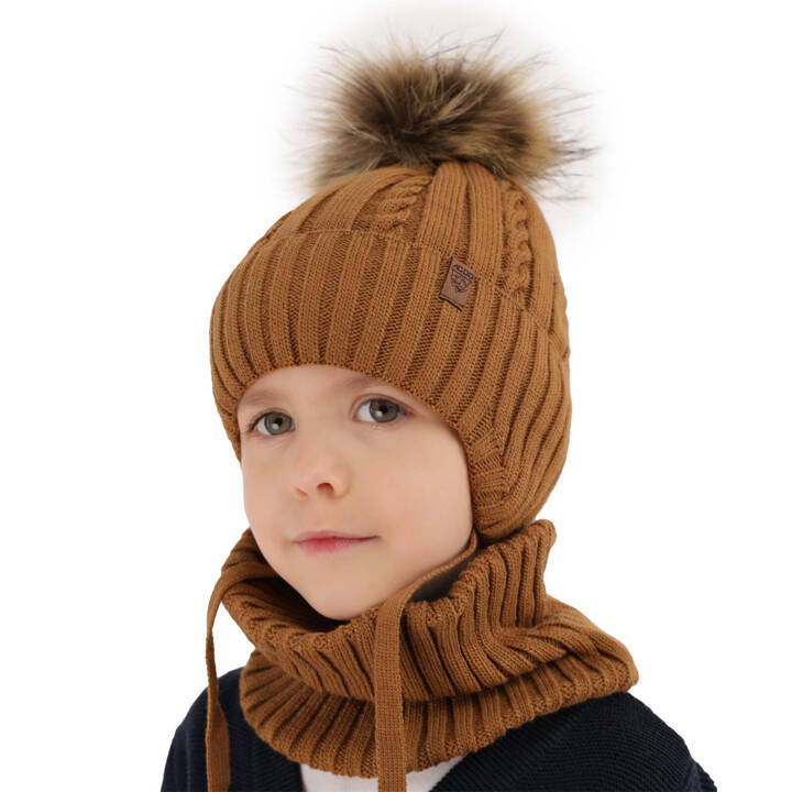 Boy's winter set: hat and tube scarf beige Peter with pompom