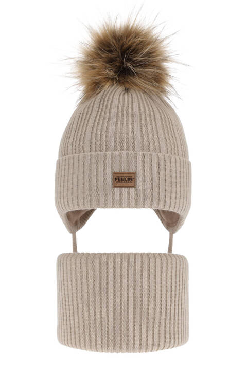 Boy's winter set: hat and tube scarf beige with pompom Eger