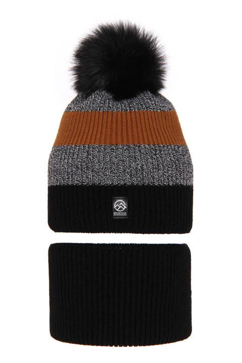 Boy's winter set: hat and tube scarf black Arkady with pompom