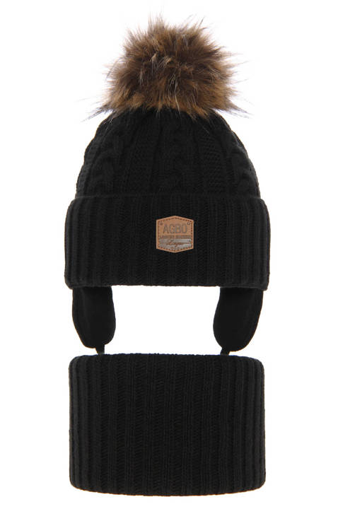 Boy's winter set: hat and tube scarf black Duet with pompom