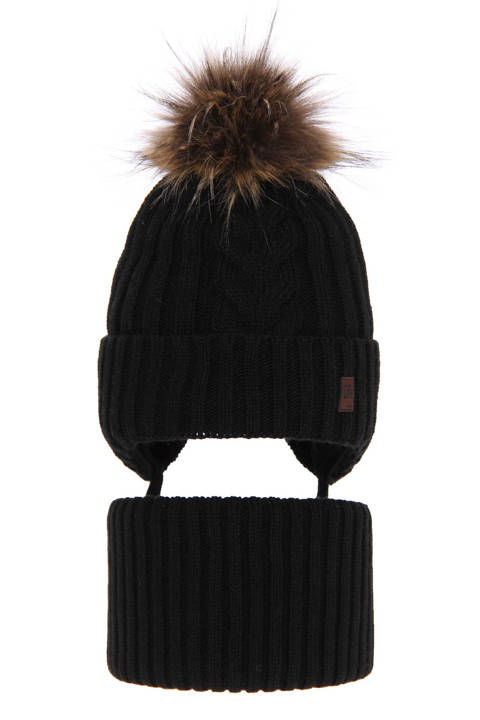 Boy's winter set: hat and tube scarf black Kongo with pompom