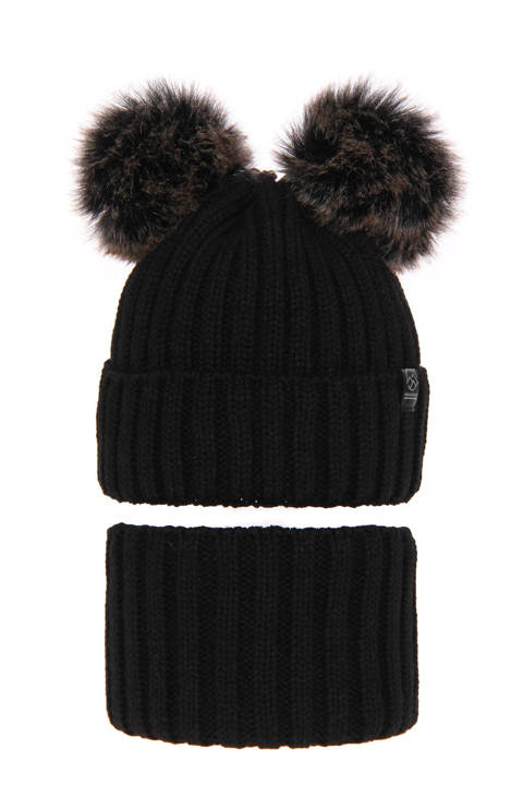 Boy's winter set: hat and tube scarf black Largo with two pompom