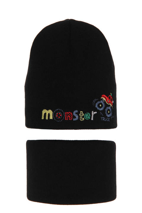 Boy's winter set: hat and tube scarf black Monster