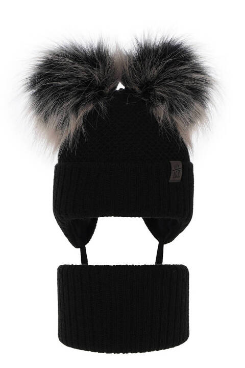 Boy's winter set: hat and tube scarf black Randel with two pompom