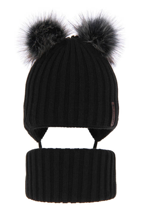 Boy's winter set: hat and tube scarf black Sid with two pompom