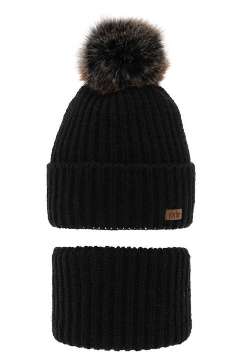 Boy's winter set: hat and tube scarf black with pompom Wonder