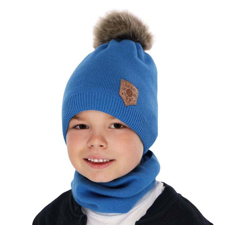 Boy's winter set: hat and tube scarf blue Apolin with pompom