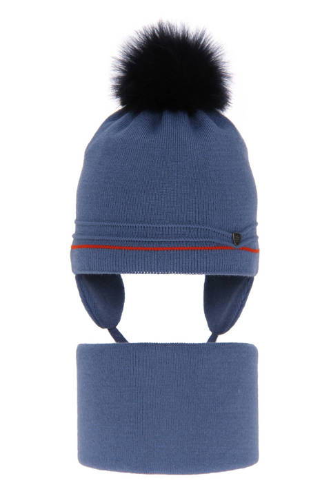 Boy's winter set: hat and tube scarf blue Burgund with pompom