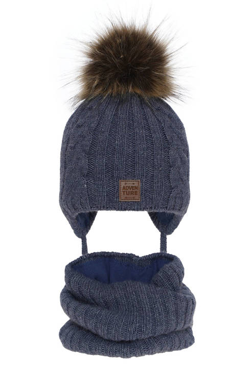 Boy's winter set: hat and tube scarf blue Casper with pompom