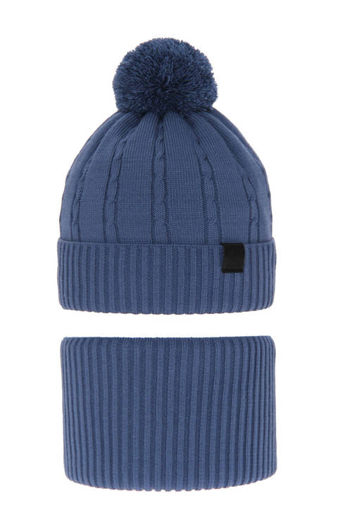 Boy's winter set: hat and tube scarf blue Deny with pompom