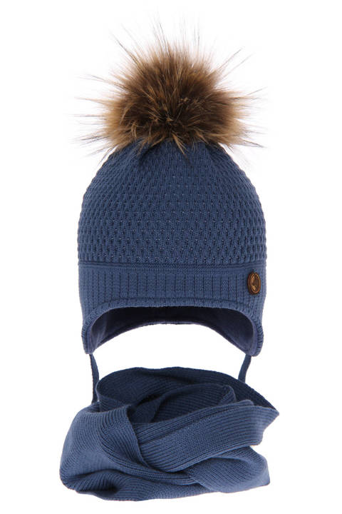 Boy's winter set: hat and tube scarf blue Florek with pompom