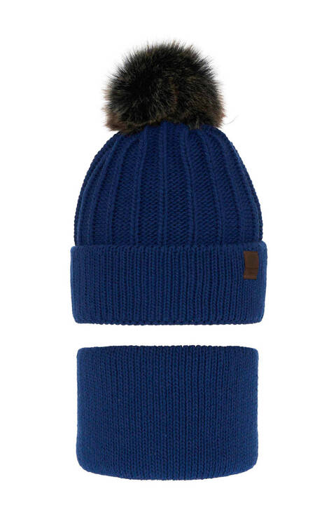 Boy's winter set: hat and tube scarf blue Havier with pompom