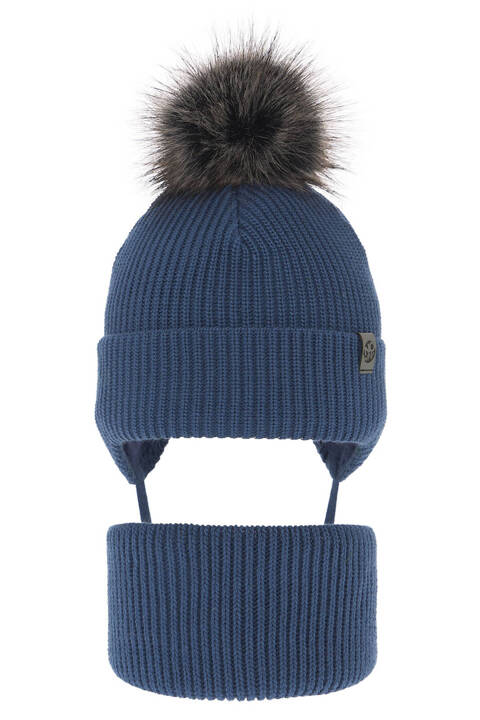 Boy's winter set: hat and tube scarf blue Honed with pompom