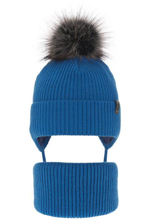 Boy's winter set: hat and tube scarf blue Honed with pompom