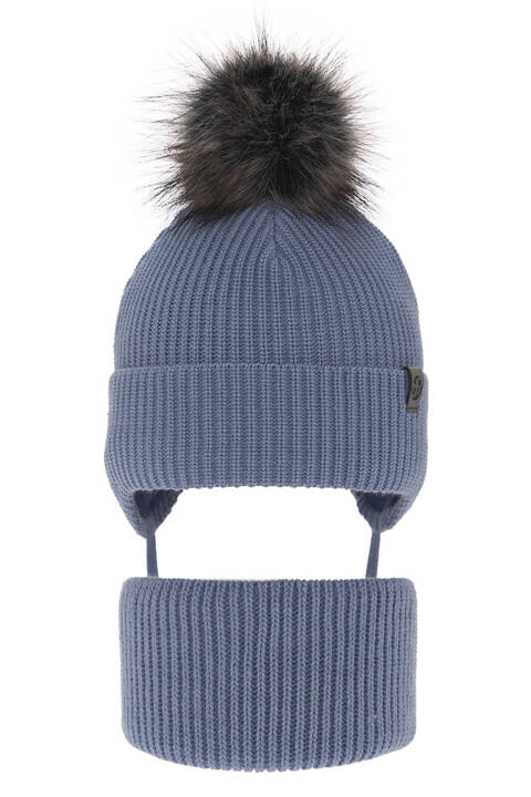 Boy's winter set: hat and tube scarf blue Honed with pompom