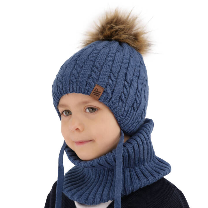 Boy's winter set: hat and tube scarf blue Indigo with pompom