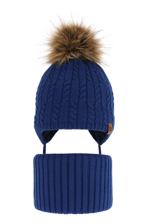 Boy's winter set: hat and tube scarf blue Indigo with pompom