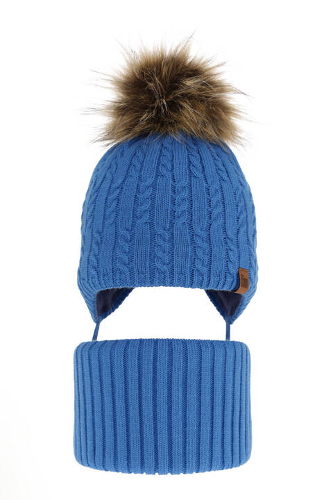 Boy's winter set: hat and tube scarf blue Indigo with pompom