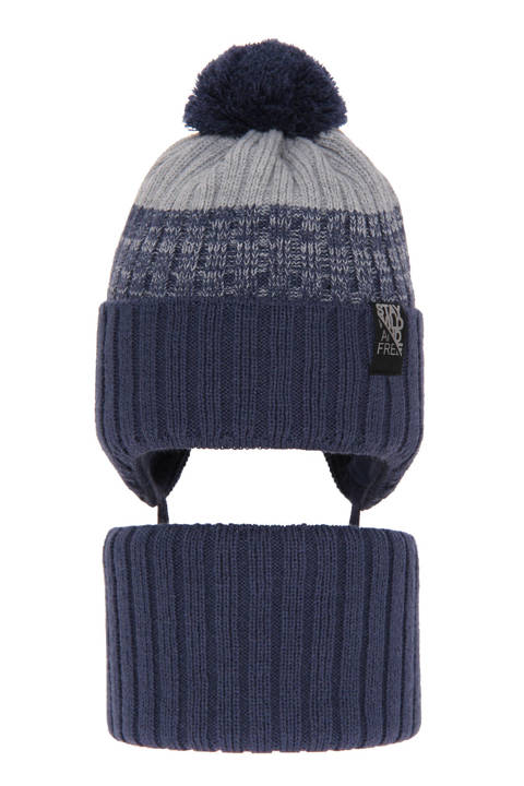 Boy's winter set: hat and tube scarf blue Kongo with pompom