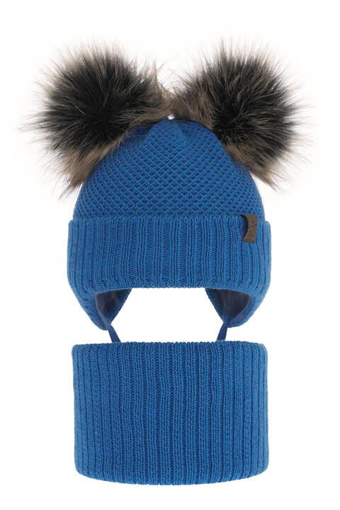 Boy's winter set: hat and tube scarf blue Randel with two pompom