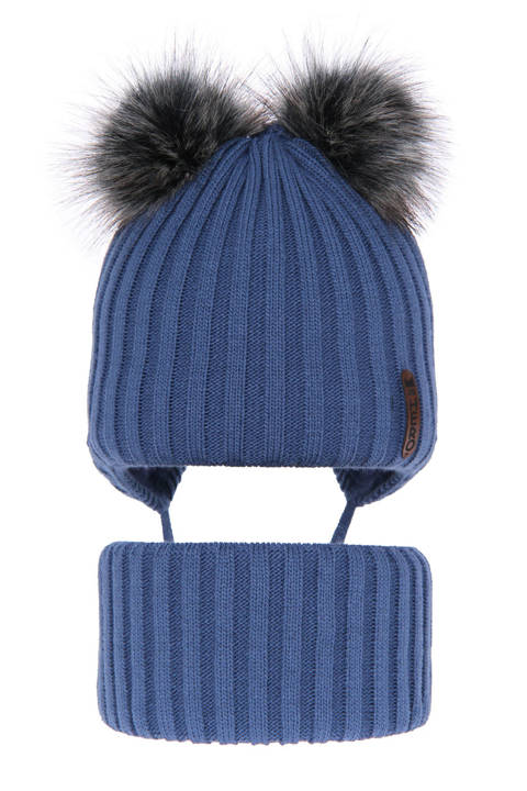 Boy's winter set: hat and tube scarf blue Sid with two pompom