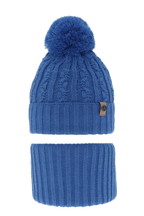 Boy's winter set: hat and tube scarf blue with pompom Almond