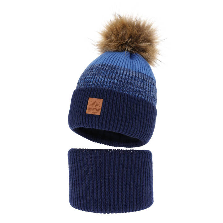 Boy's winter set: hat and tube scarf blue with pompom Buffalo