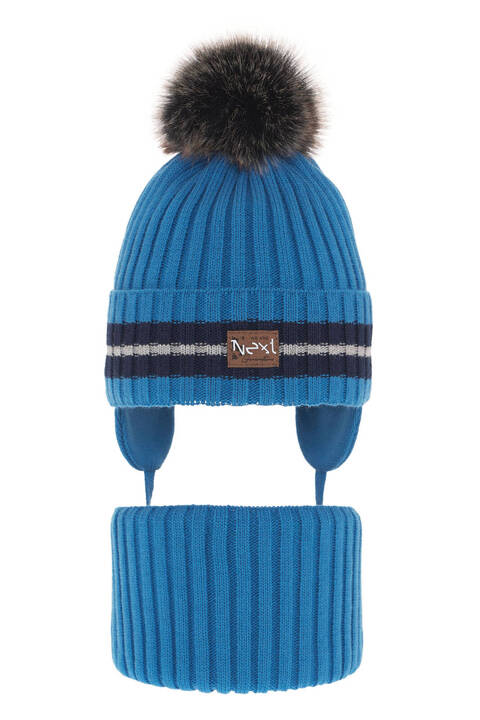 Boy's winter set: hat and tube scarf blue with pompom Echo