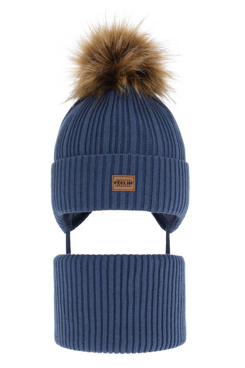 Boy's winter set: hat and tube scarf blue with pompom Eger