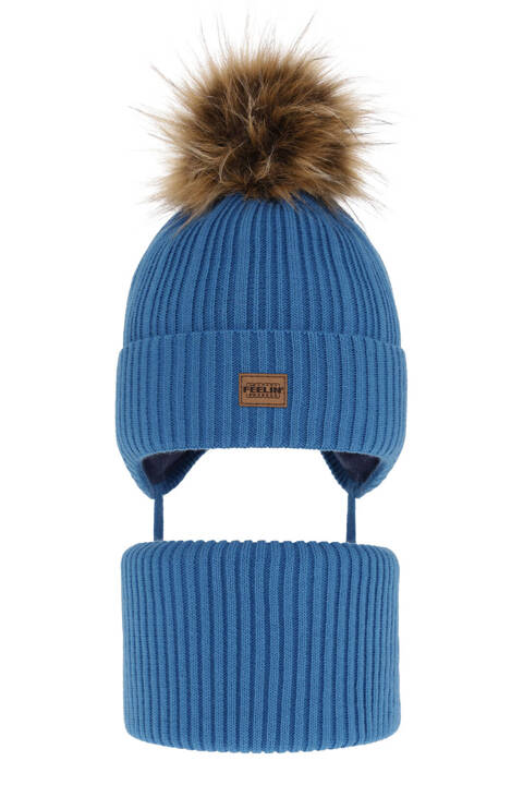 Boy's winter set: hat and tube scarf blue with pompom Eger