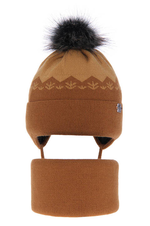 Boy's winter set: hat and tube scarf brown Awers with pompom