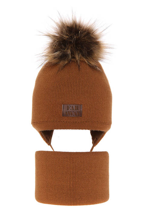 Boy's winter set: hat and tube scarf brown Druid with pompom