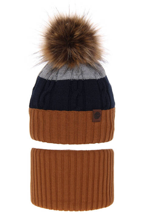 Boy's winter set: hat and tube scarf brown Karmel with pompom