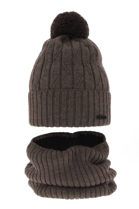 Boy's winter set: hat and tube scarf brown Talar with pompom