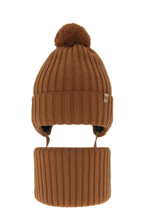 Boy's winter set: hat and tube scarf brown with pompom Carlo