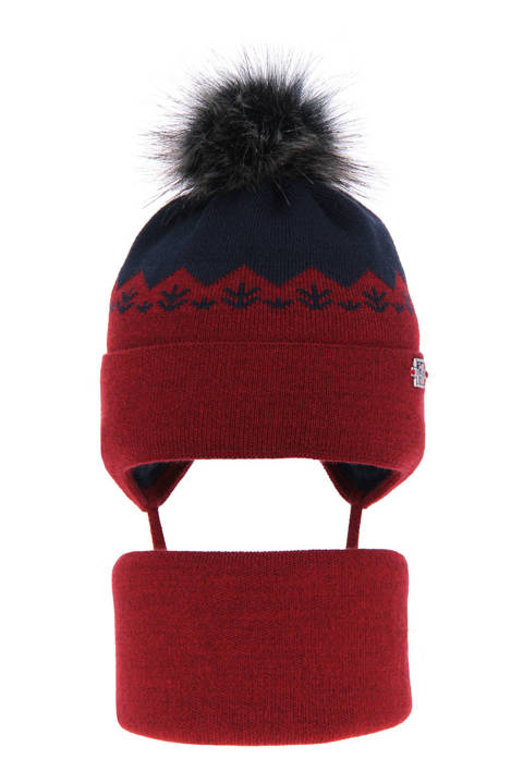 Boy's winter set: hat and tube scarf burgund Awers with pompom