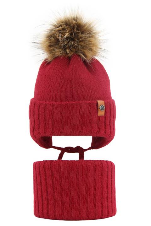 Boy's winter set: hat and tube scarf burgund Dominik with pompom