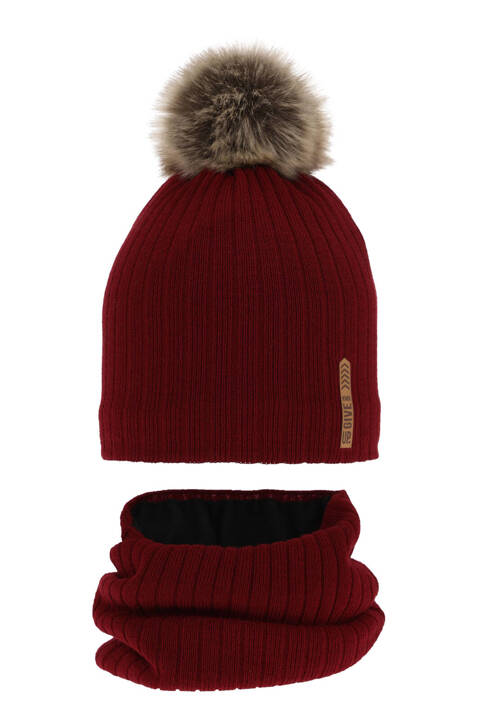 Boy's winter set: hat and tube scarf burgund Kalen with pompom