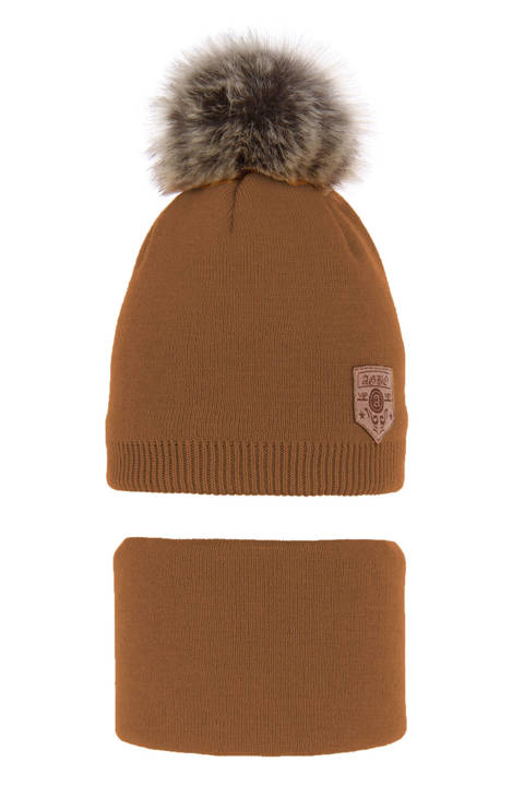 Boy's winter set: hat and tube scarf camel Apolin with pompom