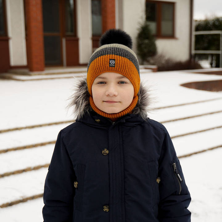 Boy's winter set: hat and tube scarf camel Arkady with pompom