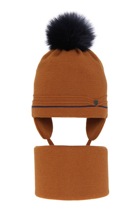 Boy's winter set: hat and tube scarf camel Burgund with pompom