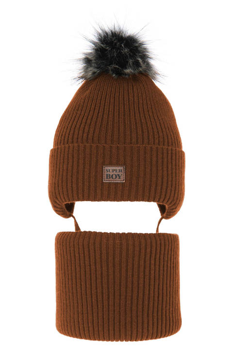 Boy's winter set: hat and tube scarf camel Denzel with pompom