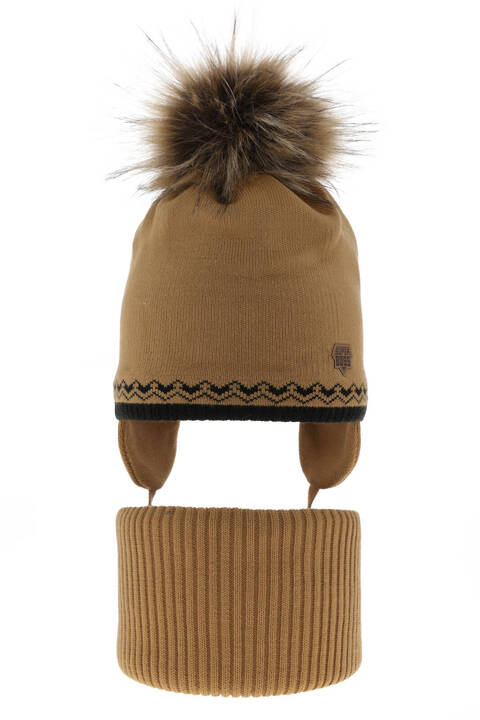 Boy's winter set: hat and tube scarf camel Elpis with pompom