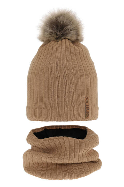 Boy's winter set: hat and tube scarf camel Kalen with pompom