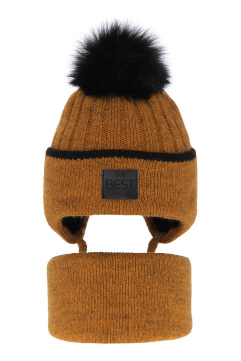 Boy's winter set: hat and tube scarf camel Orlando with pompom