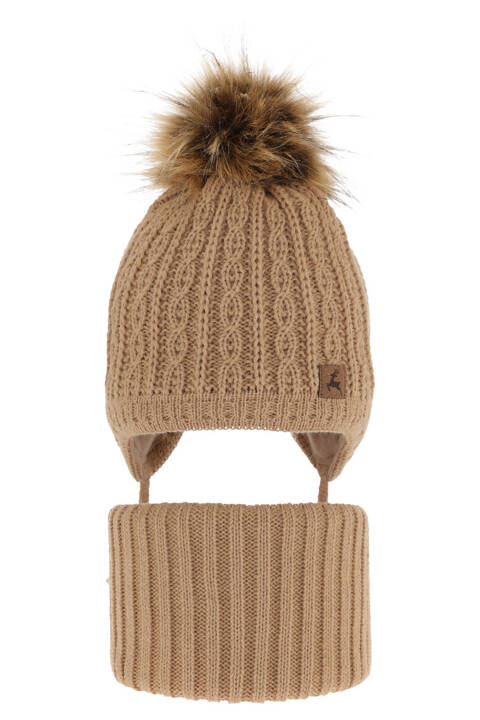 Boy's winter set: hat and tube scarf camel Pago with pompom