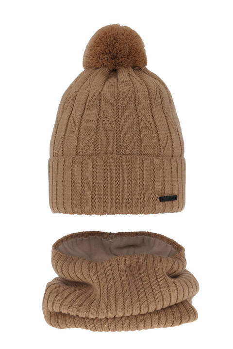 Boy's winter set: hat and tube scarf camel merino wool Talar with pompom