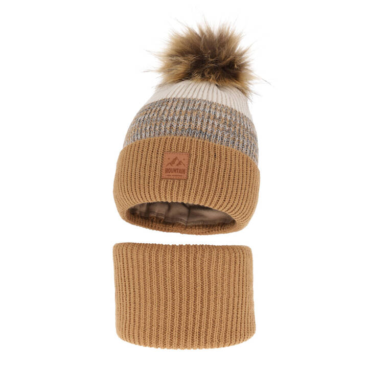 Boy's winter set: hat and tube scarf camel with pompom Buffalo